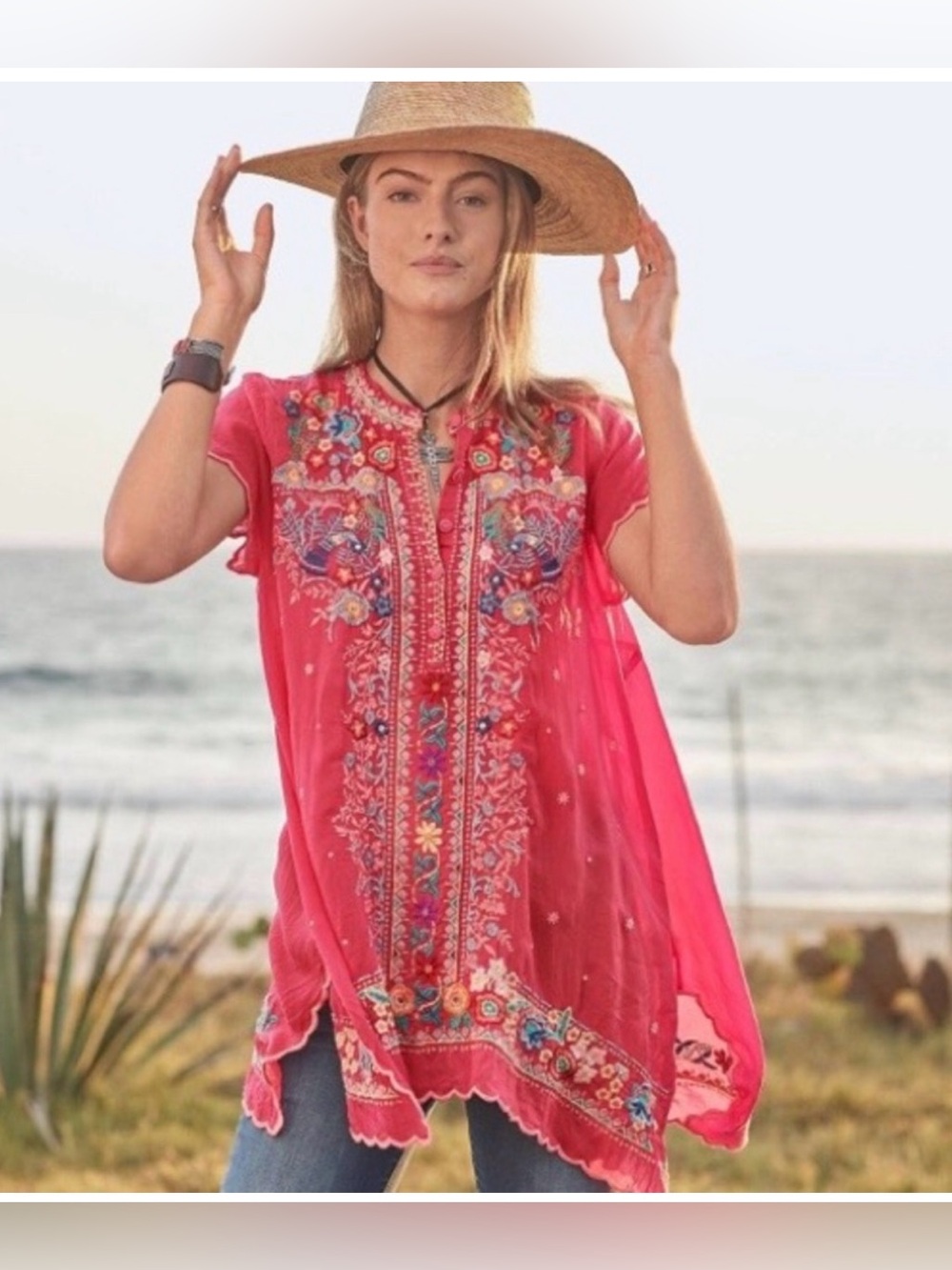 Johnny Was Mikones Tunic Embroidered Bohemian Artsy Lagenlook, Large